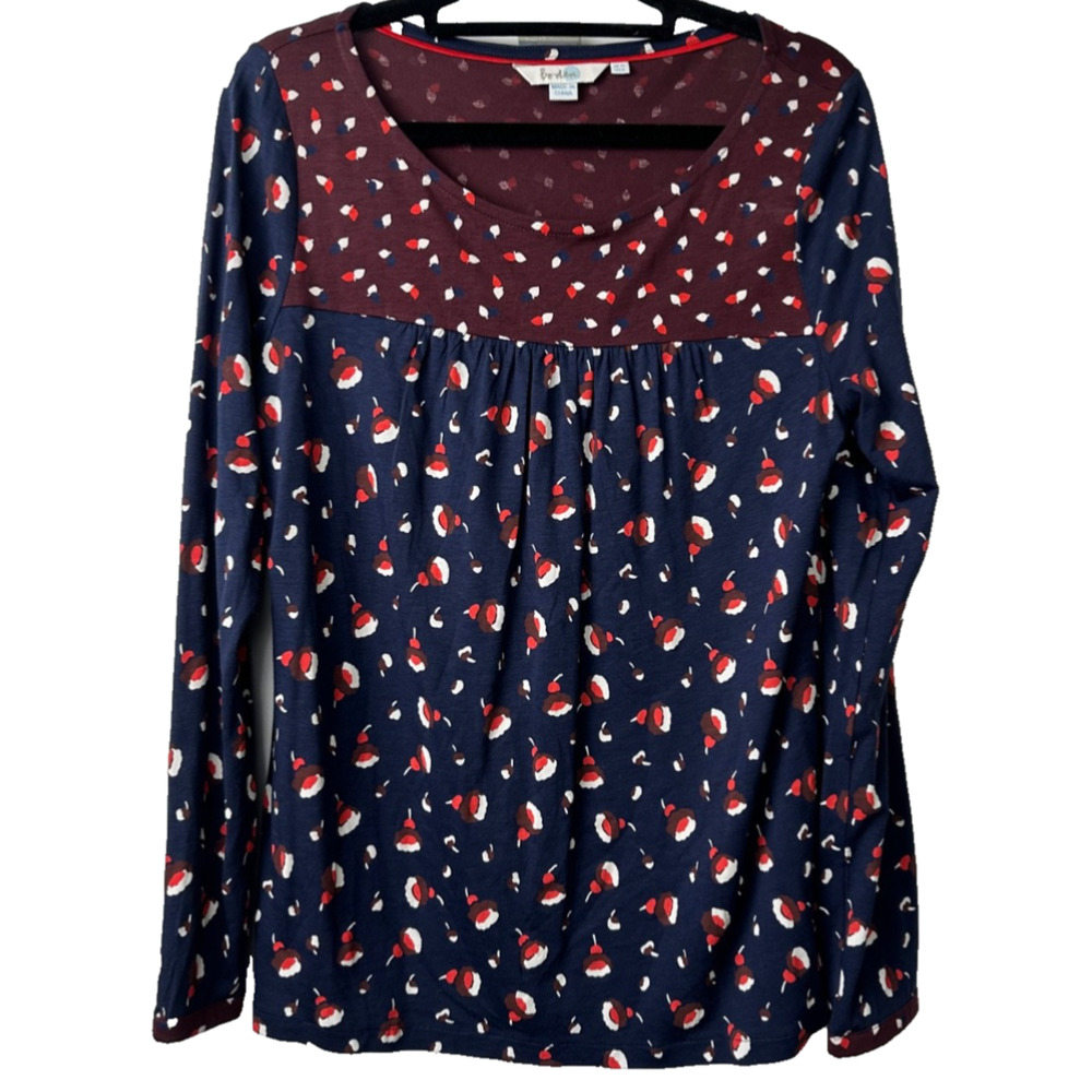 Boden 6 Blue Chepstow Long Sleeve Leaf Print Pleated Jersey Knit Shirt Top C25